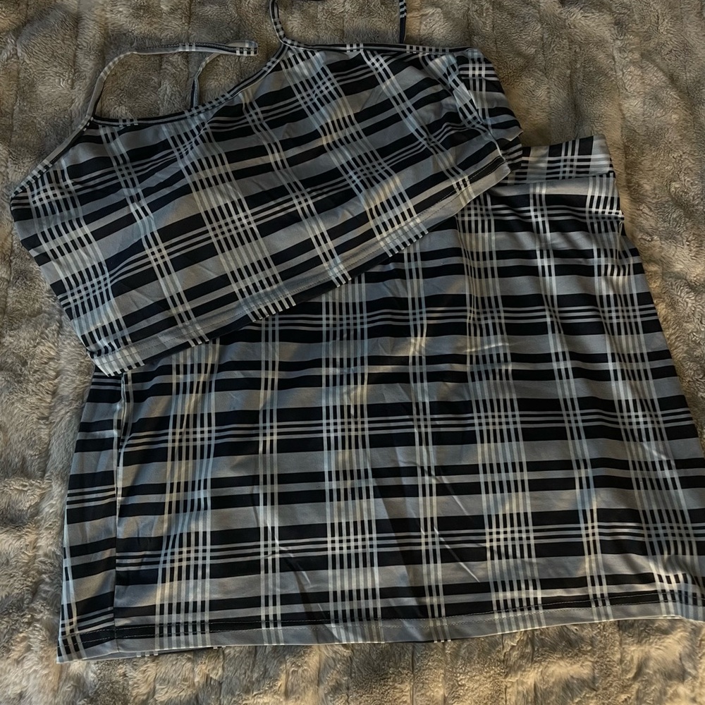Plaid light blue and dark blue Women's Skirt set